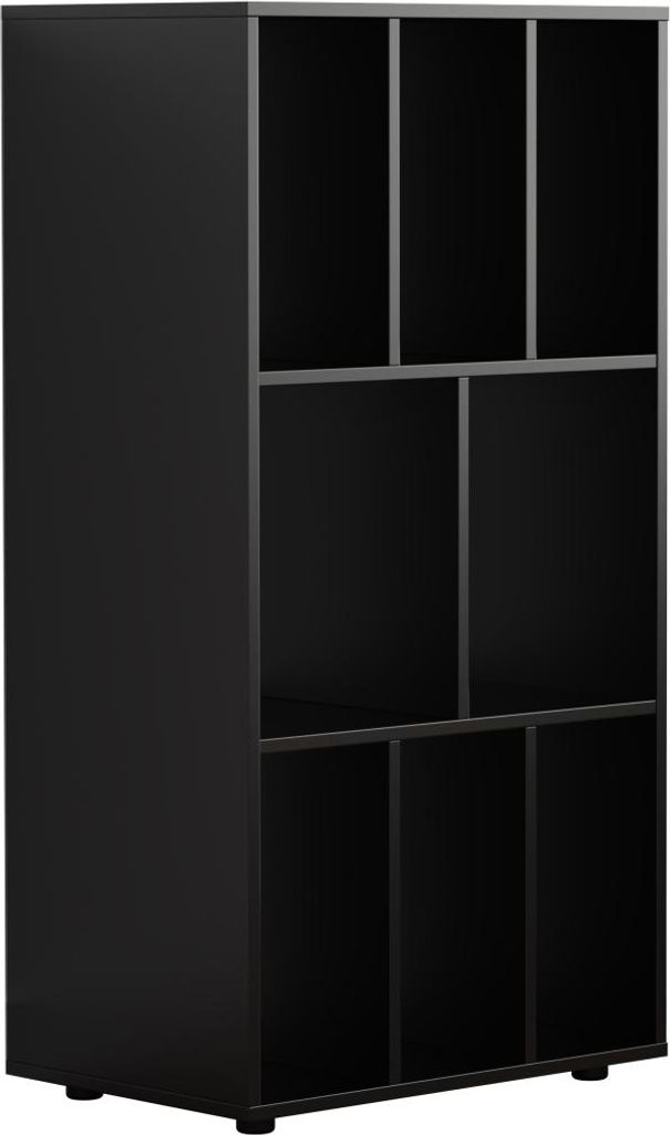 A black shelving unit with multiple compartments.