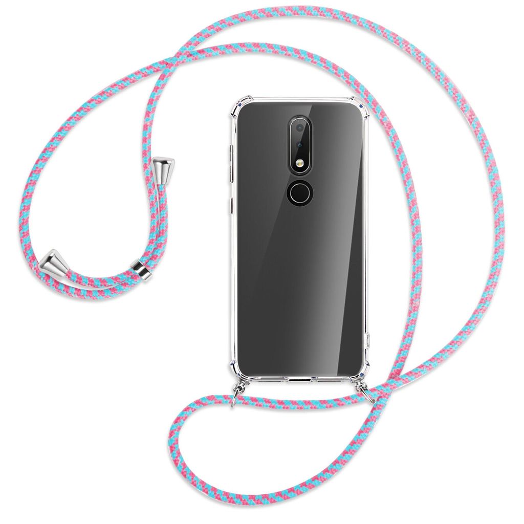 Handykette Backcover-Schutzhülle mit Band (Metall silberfarben) für Nokia 6.1 Plus / X6 - pink/mint
