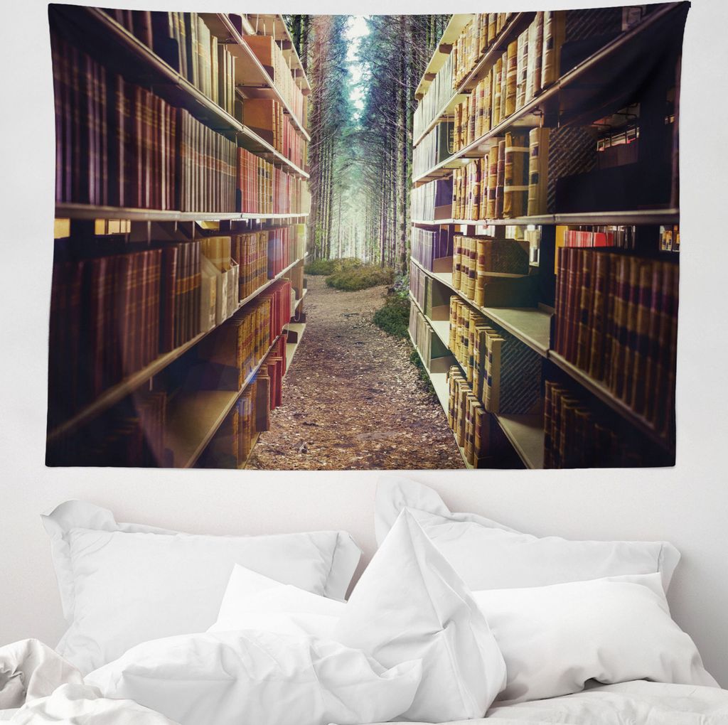 ABAKUHAUS Bücherregal Wandteppich, Zusammenfassung Bibliothek in Woods aus Weiches Mikrofaser Stoff Waschbar ohne Verblassen Digitaldruck, 150 x 1...