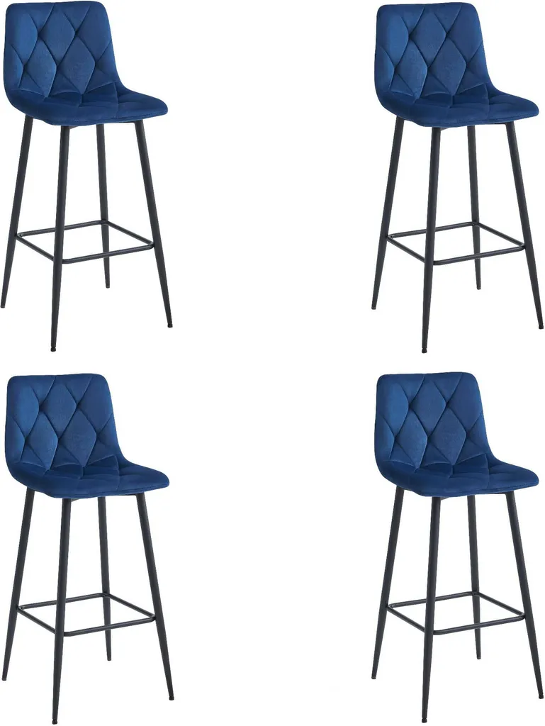 4 Tabourets Hauteur Comptoir Velours Bleu Pieds Noirs - Cuisine Leobert