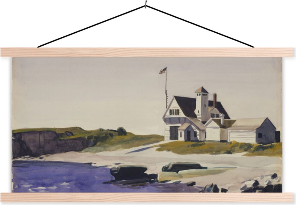 MuchoWow Textilposter Küstenwache, Maine - Edward Hopper 120x60 cm mit holzfarbenen Rahmen - Klemmleiste