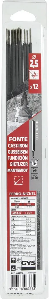 Electrode soudure fonte bi-métal Ø 2,5 mm étui de 12 pièces - Type Fonte Ni-Fe