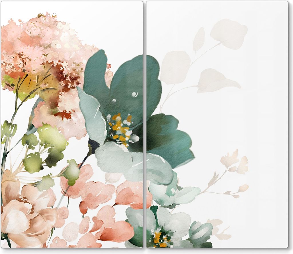 DEQORI Herdabdeckplatte Glas 2-tlg 'Pastellblumen-Aquarell' Abdeckplatte Küche Glaskeramikkochfeld Herd