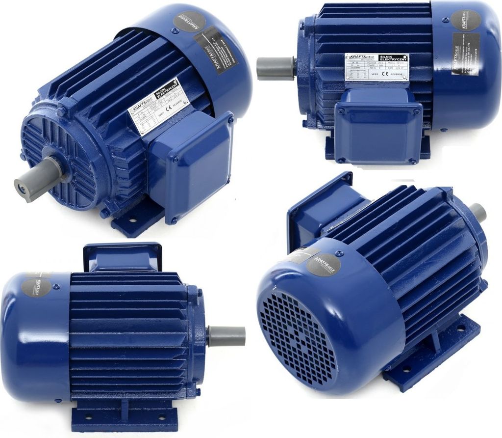 A collage of four images showing different views of blue electric motors.