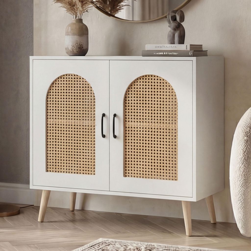 Kommode MCW-P51, Schrank mit Türen Anrichte Staufächer, Poly-Rattan MDF Melamin 79x80x40cm weiß