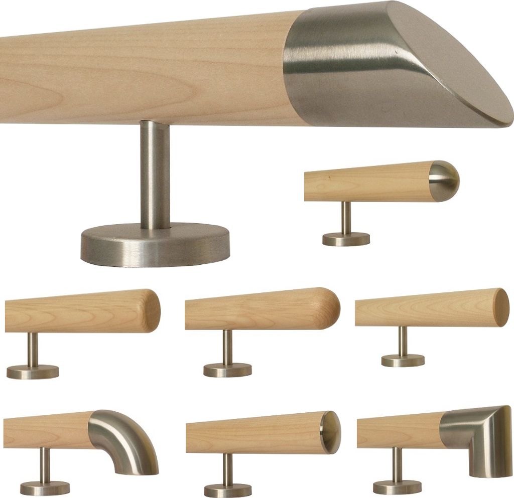 Ahorn Holz Treppe Handlauf Geländer Griff gerade Edelstahlhalter, Länge 30 - 500 cm aus einem Stück / Beispiel: 400 cm mit 5 Halter schräges Ed...