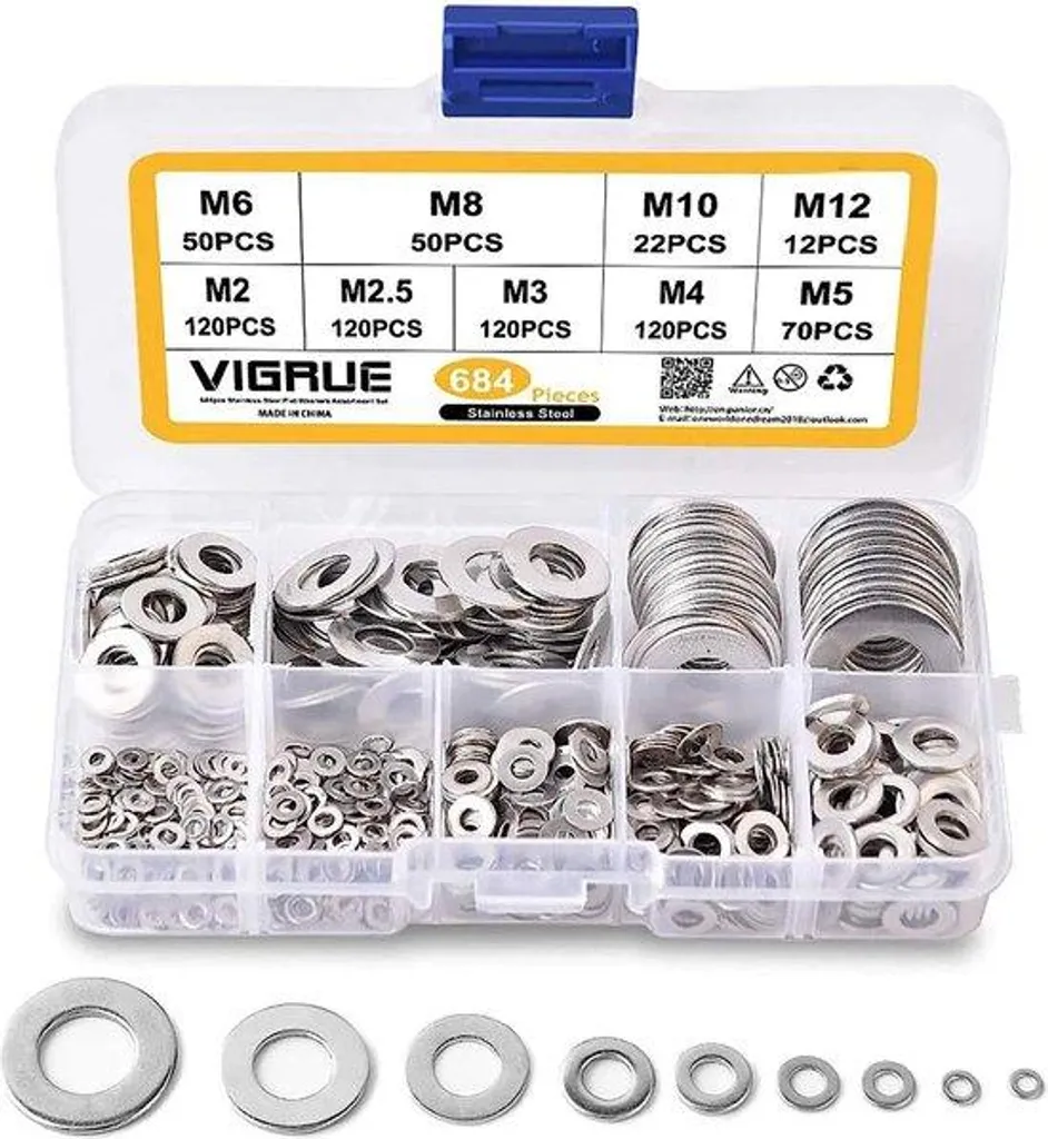 Kit de rondelles plates inox A2-70 pour vis et boulons, lot de 684 pcs