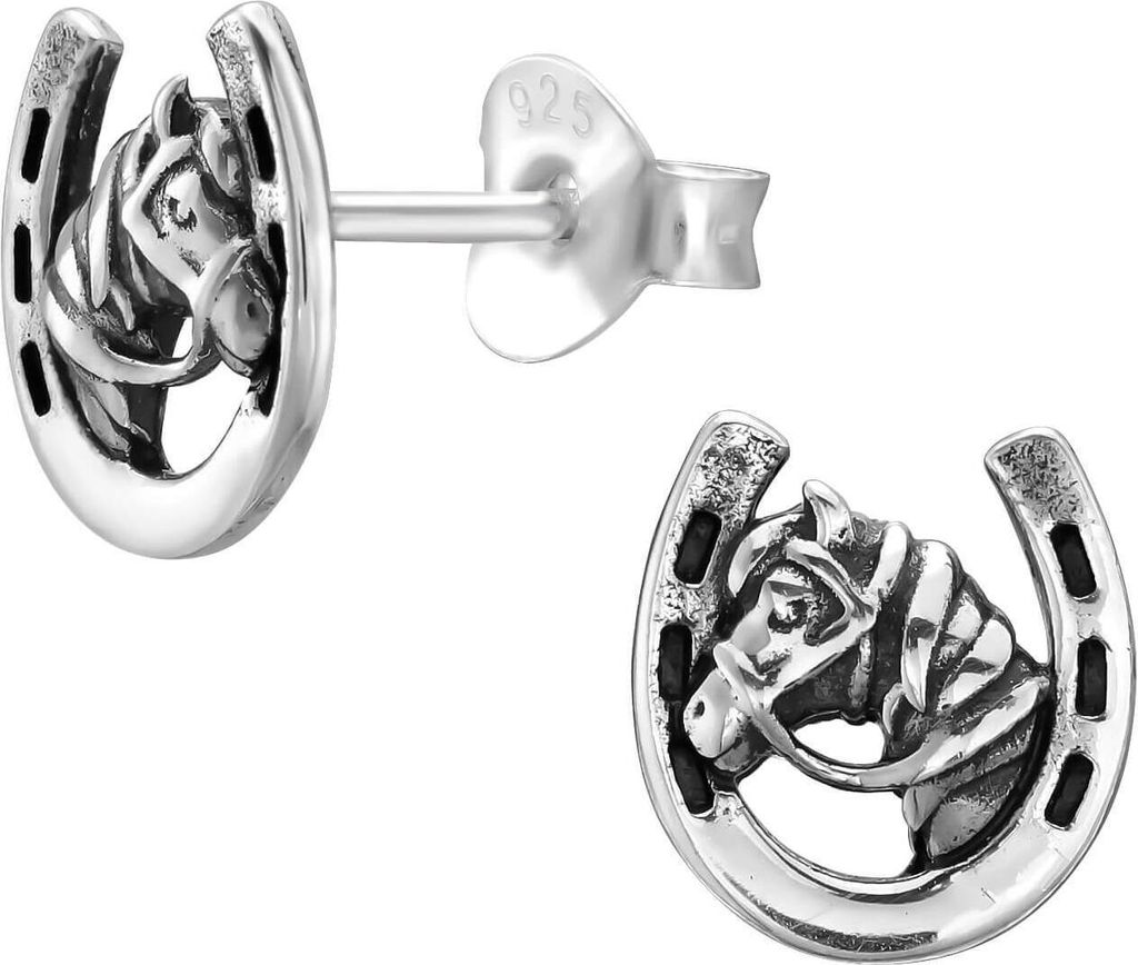 Hufeisen Ohrringe Ohrstecker 925 Sterling Silber mit Pferdekopf