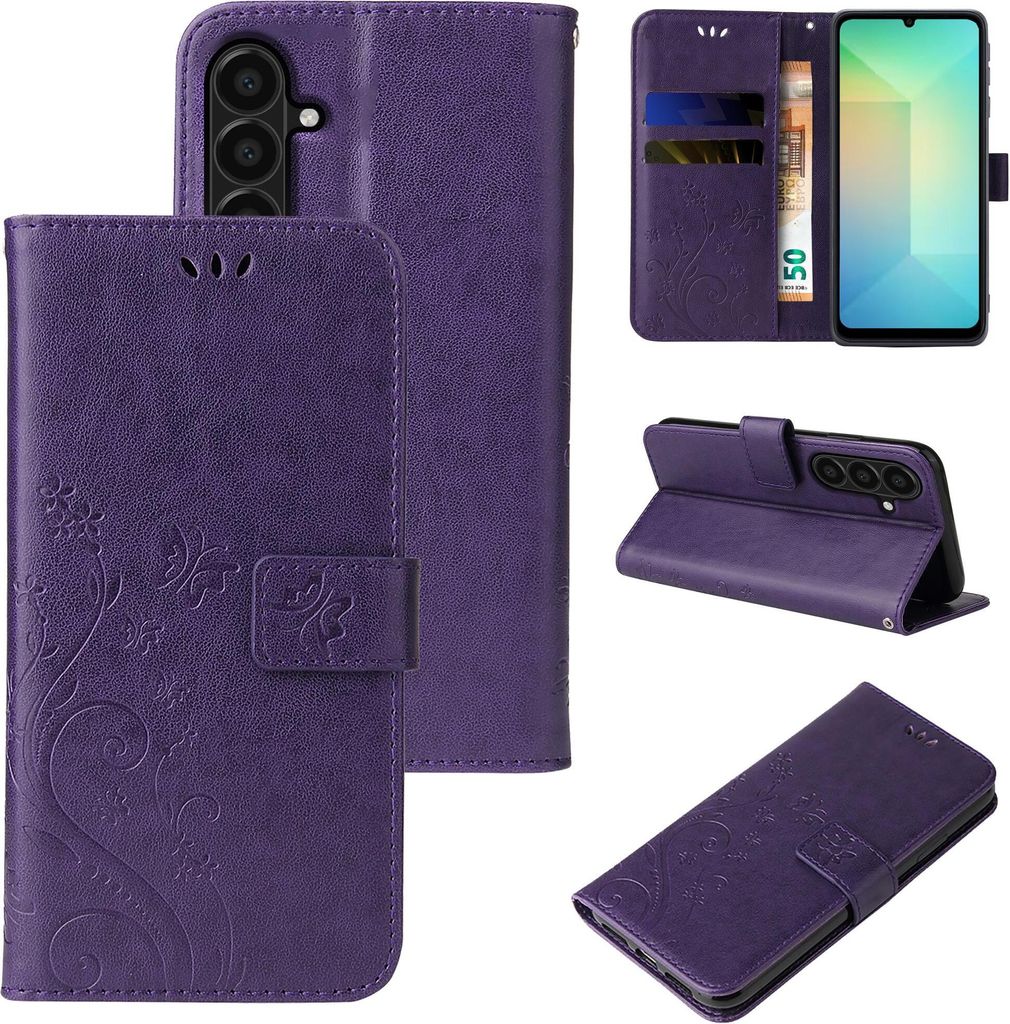 Handyhülle für Samsung Galaxy A26 5G Floral Blumen Schmetterling Flip Cover Hülle Case Klapphülle Handytasche Farbe: Violett