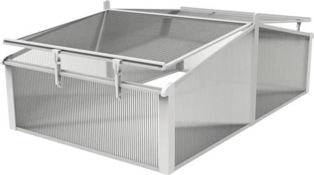 A cold frame greenhouse for raised garden beds.