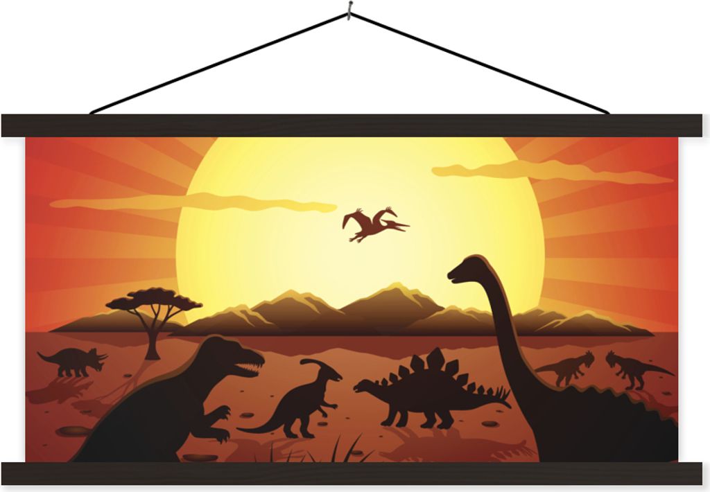 MuchoWow Textilposter Dino - Sonne - Natur - Zeichnung - Kinder - Jungen 90x45 cm mit schwarzem Rahmen - Klemmleisten