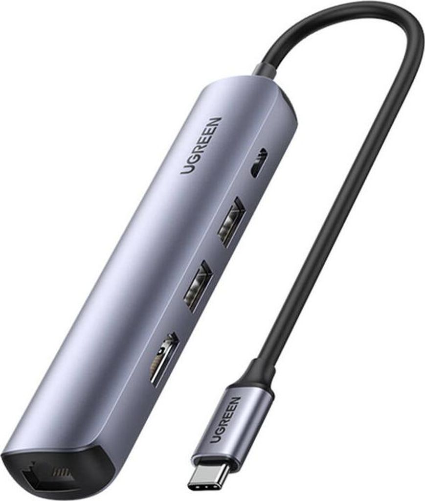 Ugreen Revodok Cm418 Usb-C Hub / Adapter Auf 2X Usb, Hdmi 4K 30 Hz, Rj45 1Gbps, Pd 100W (Grau)