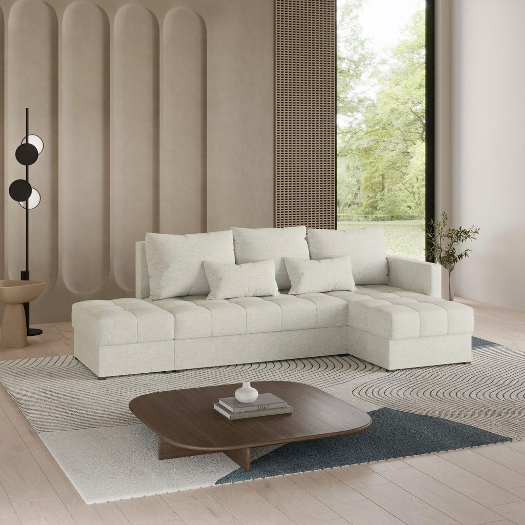 Masseno Ecksofa LUMARI R-S mit Schlaffunktion L-Form, Sofa mit Bettkasten, Wohnzimmersofa, Couch, Soffa, Bettsofa, Couchgarnitur- Creme, NEVE 02