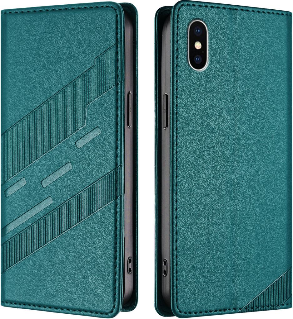 Hülle für iPhone X/iPhone XS, Kunstleder Brieftaschen Handyhülle mit Kartenfach und Standfunktion Grün