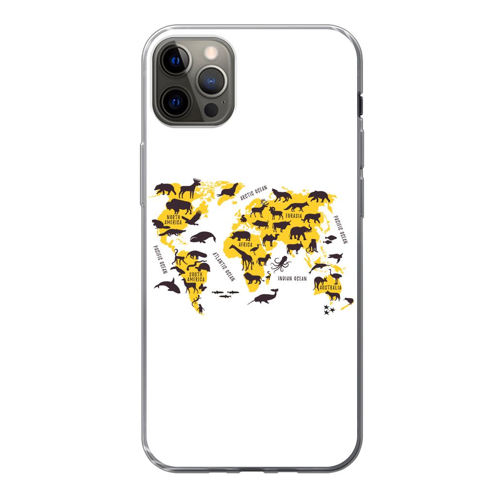 MuchoWow Handyhülle Schutzhülle Hülle für iPhone 12 Pro Max Weltkarte - Tiere - Gelb Silikon Softcase Handy Hülle - Hartschale