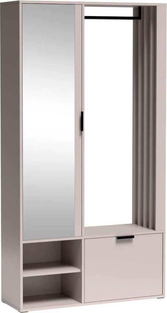 A wardrobe with a mirror and storage compartments.