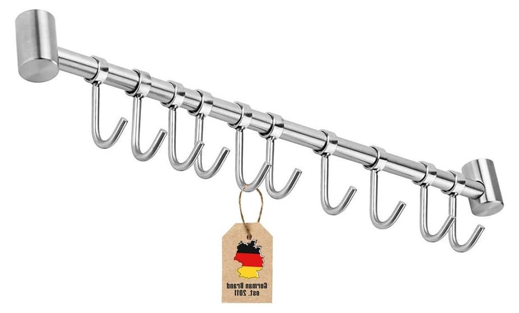 Edelstahl Hängeleiste für die Küche mit 10 beweglichen Haken zum Bohren - 52,6 x 3,4 x 2,2 cm - Küchenutensilien Halterung