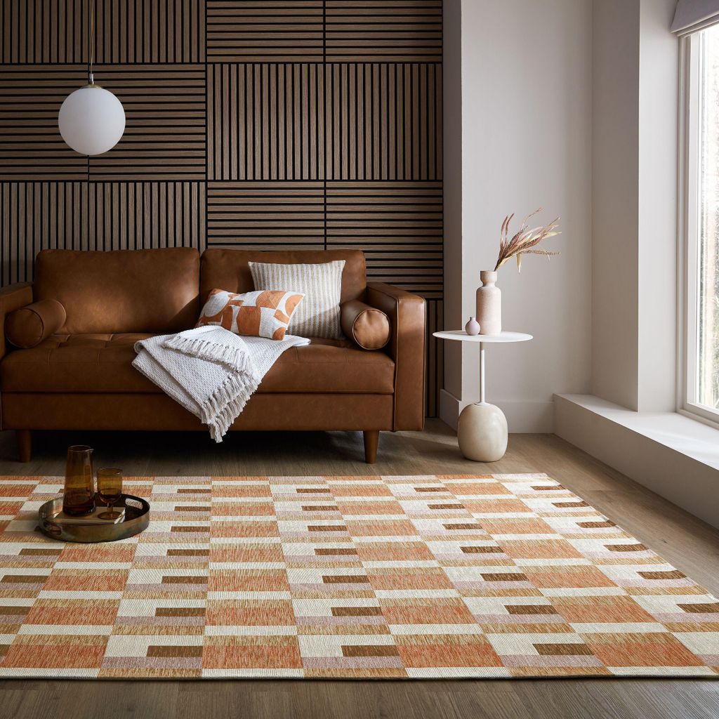 Teppich Kurzflor Kachel Muster, Geometrisch, Wohnzimmer Orange-Natur Rechteckig 155x230 | 52%.Polyacryl, 29% Polyester, 19% Baumwolle
