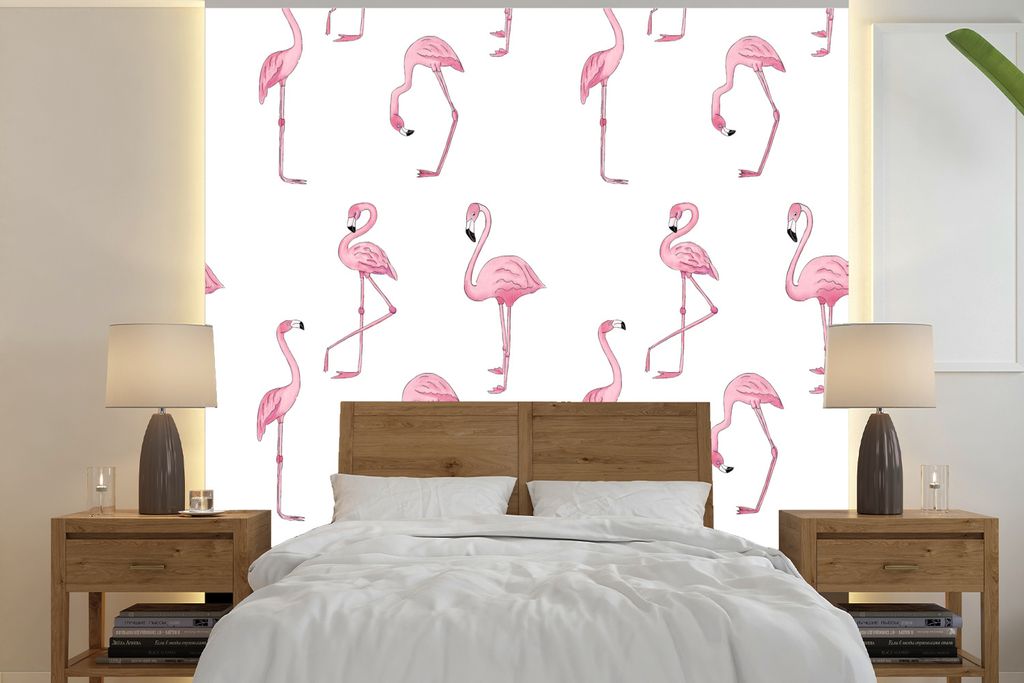 MuchoWow Fototapete für Wohnzimmer oder Schlafzimmer Wandtapete Vinyl Motivtapete Muster mit rosa Flamingos - 280x280 cm - Hintergrundbild