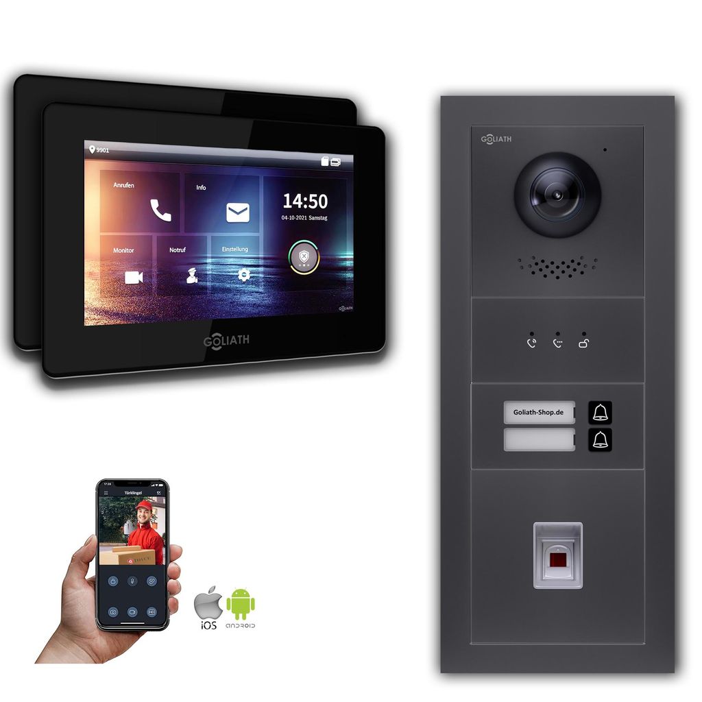 Goliath IP Video Türsprechanlage: 7-Zoll 2 Familienhaus, Fingerprint, Anzeige, Anthrazit : Unterputzdose : 7 Zoll in Schwarz : 4er POE Anschluss ...