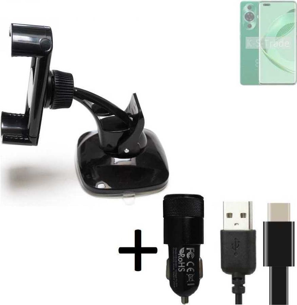 K-S-Trade Handy-Halterung kompatibel mit Huawei Nova 11 Pro Windschutzscheibe / Armaturenbrett + LADEGERÄT mit Mico USB Kabel Autohalterung