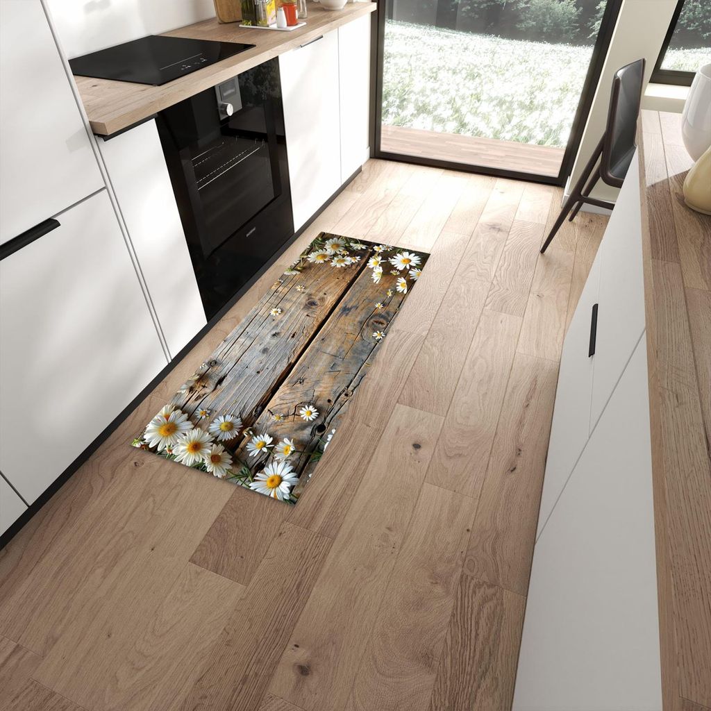 Küchenteppich 60x150cm rutschfest & abwischbar PVC Läufer - Holz und Gänseblümchen