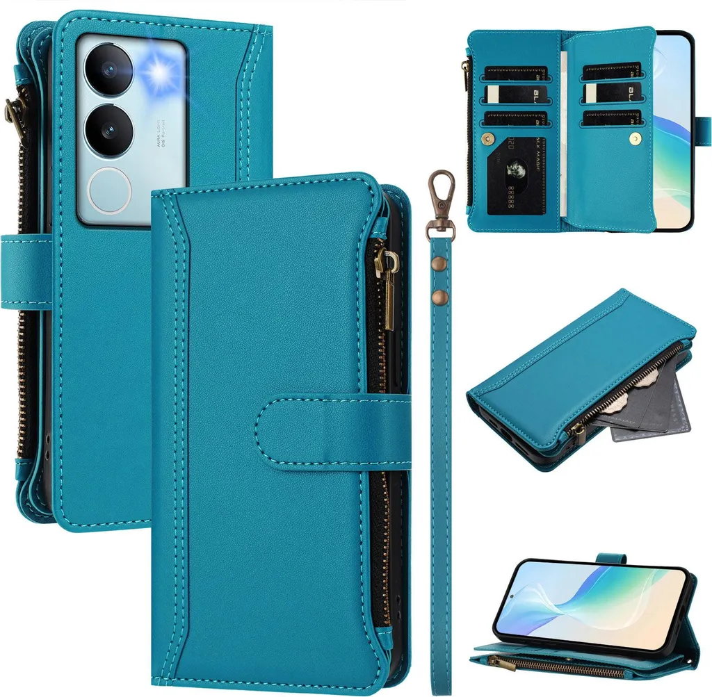Cover Vivo V29 Pro S17 Zipper Wallet Case - Blu Lago con Slot Carte e Stand