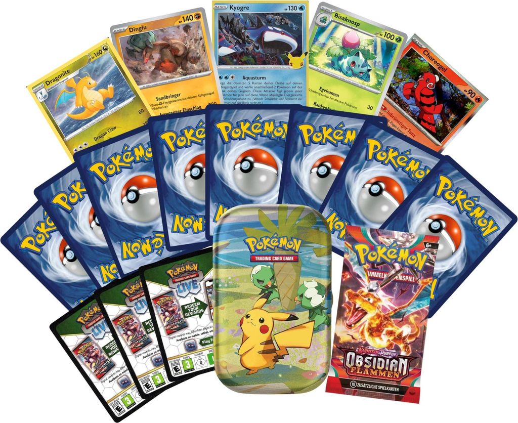 Pokemon SUPER Geschenk Paket | 1 mini Tin Box mit 50 zufälligen Karten | 1 zufälliger Booster | 3 Codes | 5 Holo Karten