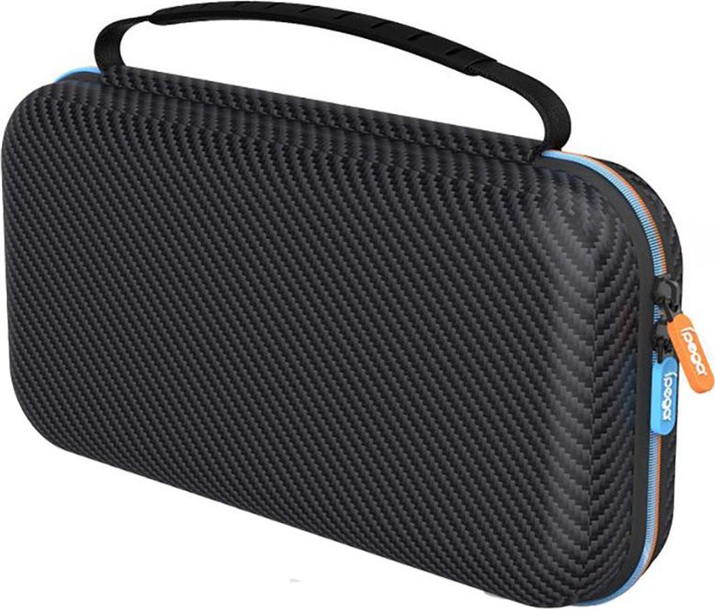 A black protective case with a carbon fiber texture and blue and orange zipper accents.