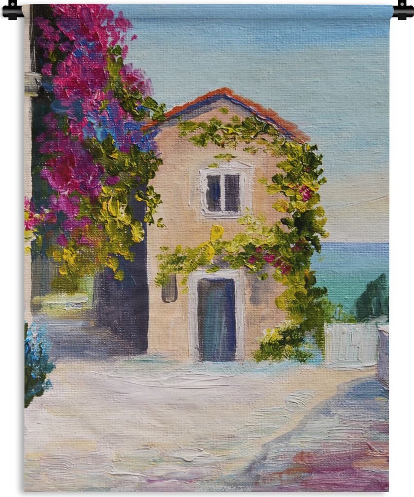 MuchoWow Wandteppich Wandbehang Malerei - Haus - Ölfarbe - Dorf 120x160 cm Tapisserie Dekoration Wandtuch - Wohnzimmer - Moderne