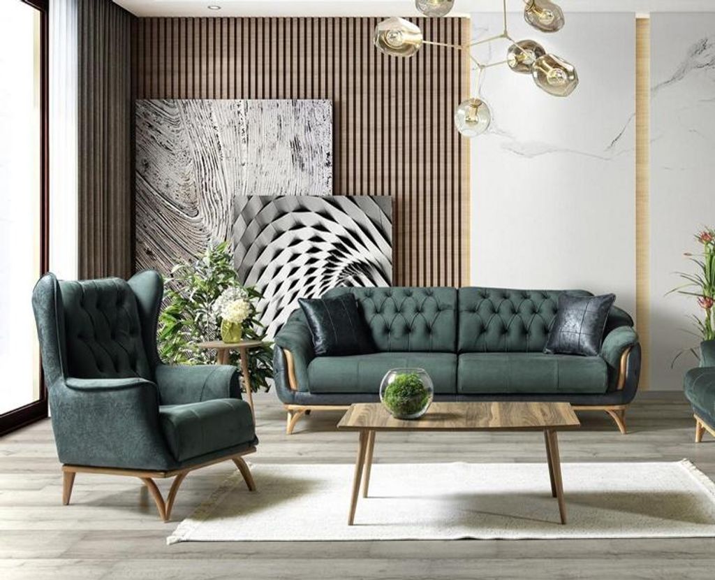 Wohnzimmer Set Hochwertig Sitzgruppe Sofa 3 Sitzer Sessel Polster Grün