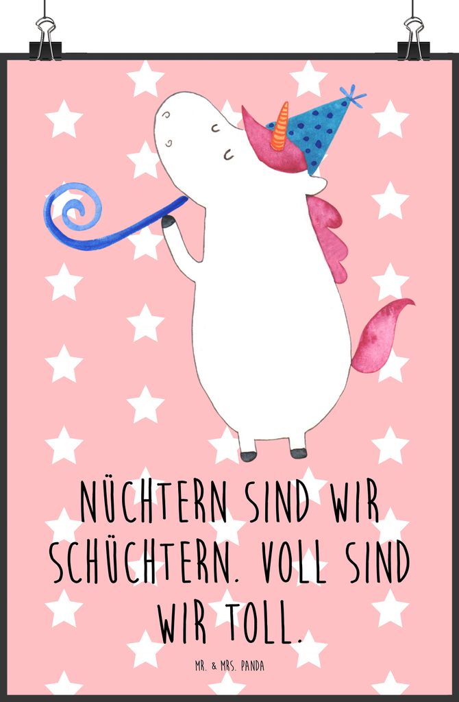 Mr. & Mrs. Panda Bild Einhorn Party DIN A2 - Rot Pastell - Geschenk, Disco, Geburtstag, Unicorn, Kunstdruck, Einhörner, Wanddekoration, Konfetti, ...