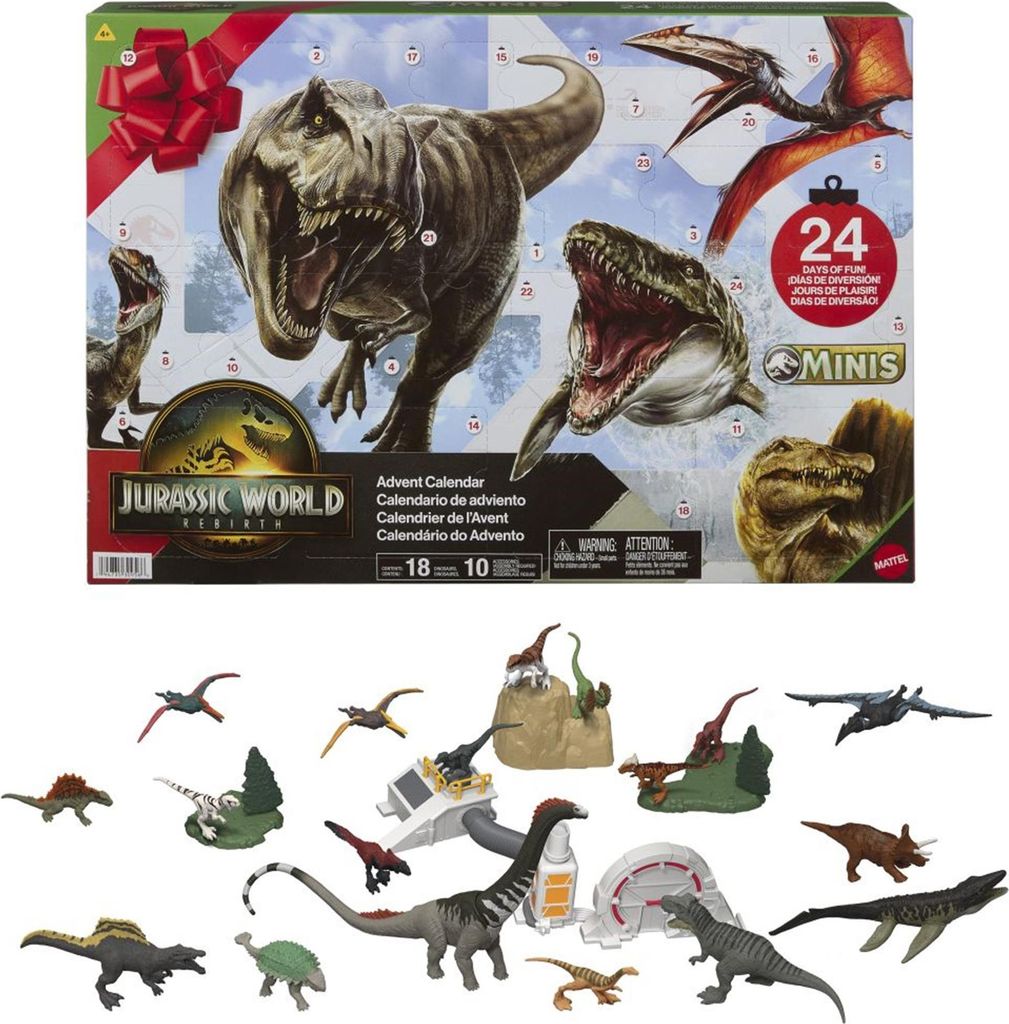 A Jurassic World advent calendar box with various dinosaur figures displayed below.
