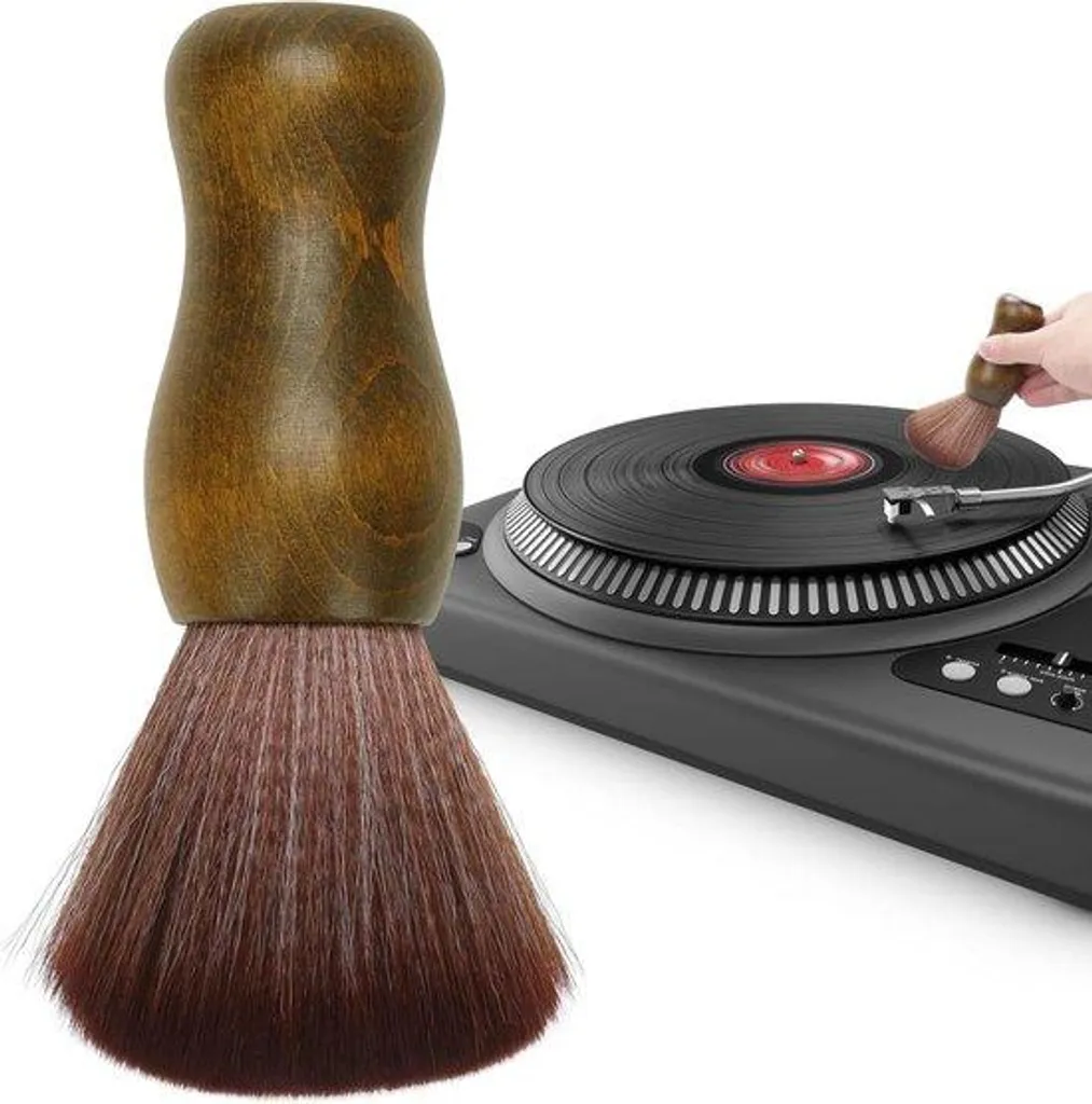 Brosse vinyle à poils souples manche bois et souffleur antistatique