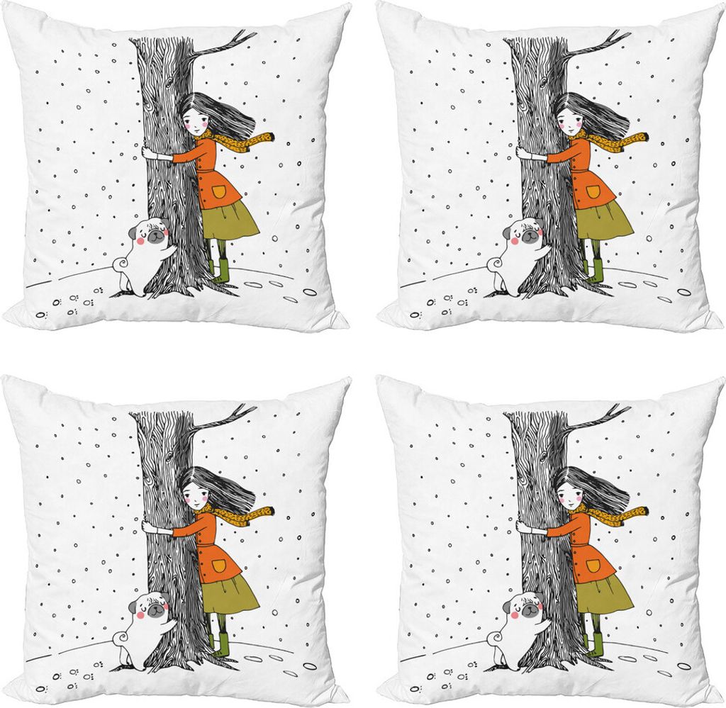 ABAKUHAUS Hund Kissenbezug Set (4 Stück), Mädchen mit Mops, Moderner Doppelseitiger Digitaldruck, 60 cm x 60 cm, Weiß und Schwarz