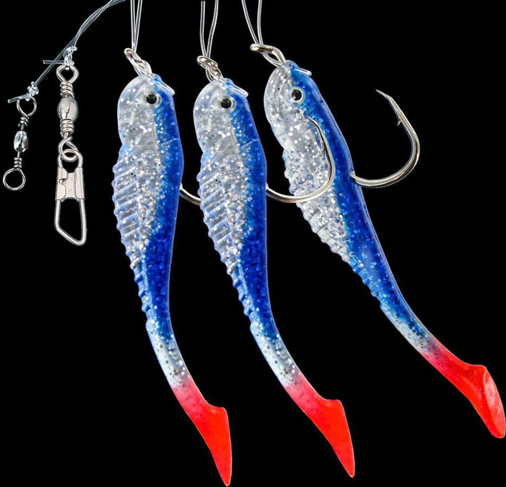 Jenzi Norwegen-Paternoster mit Gummifischen und 3 Armen Blau Glitter