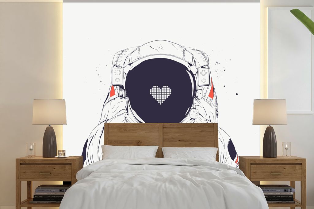 MuchoWow Fototapete für Wohnzimmer oder Schlafzimmer Wandtapete Vinyl Motivtapete Astronaut - Herz - Weltraum - Liebe - 350x350 cm - Schlafzimme...