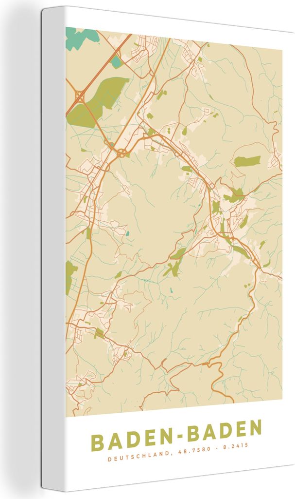 OneMillionCanvasses - Leinwandbilder - 90x140 cm, Baden-Baden - Jahrgang - Karte - Stadtplan, Wandbilder Kunstdruck Wanddekoration - Foto auf Lei...