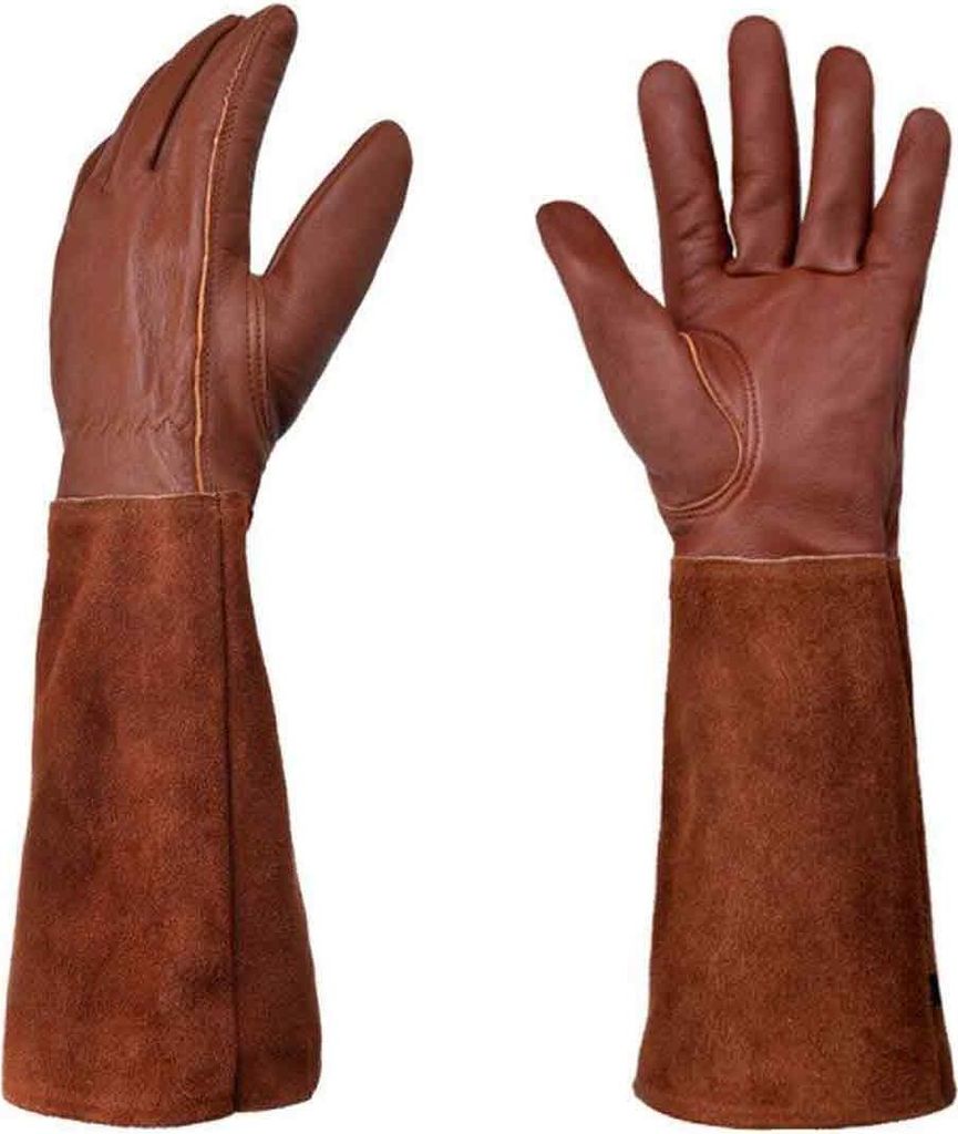 Lange Gartenhandschuhe, kaffeefarben, atmungsaktiv, Stulpen-Schnitthandschuhe