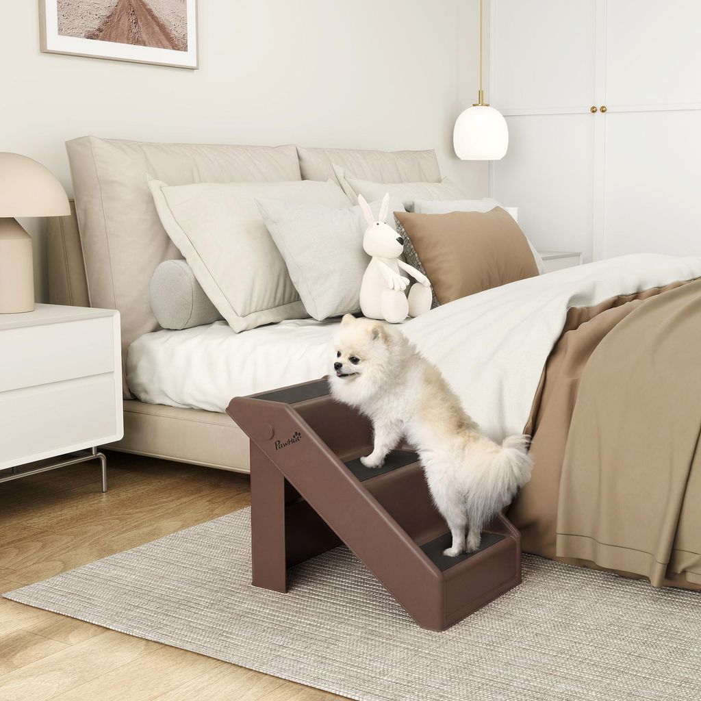 Hundetreppe klappbar 3 Stufen, Haustiertreppe Hund Katze, Kunststoff EVA, Braun | 53 x 30,5 x 36,5 cm | für Bett Sofa Auto