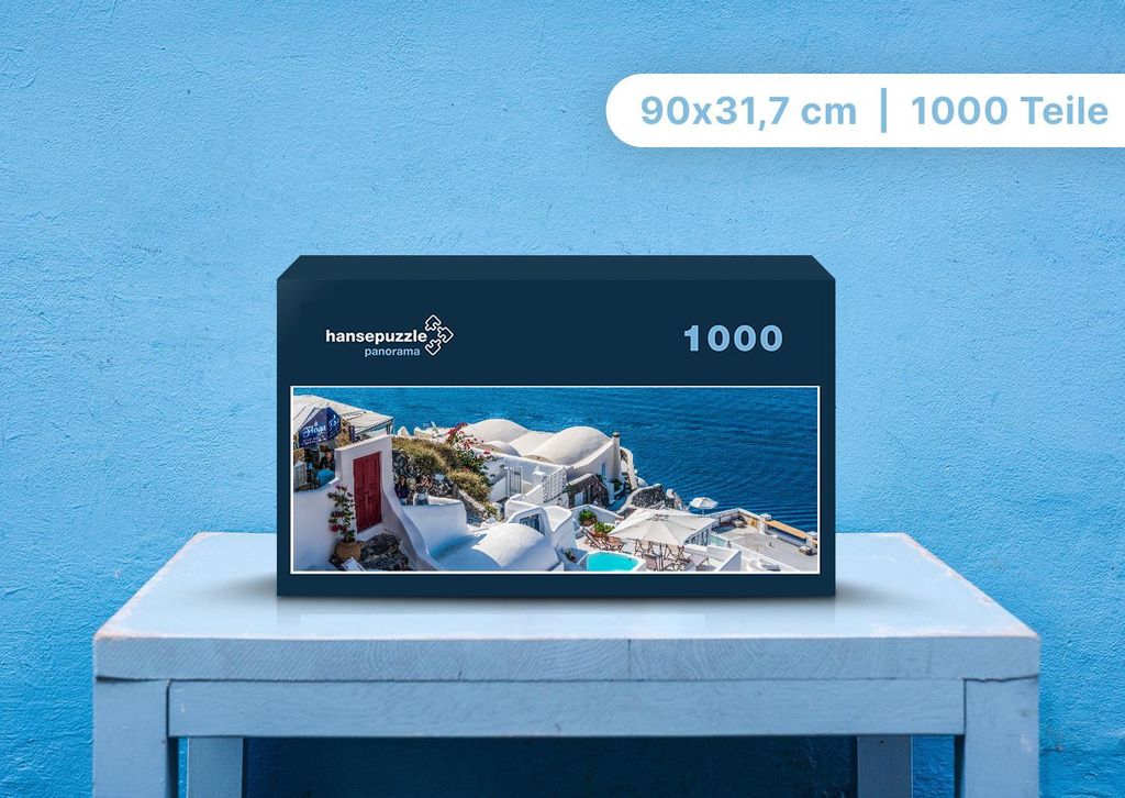 hansepuzzle 98443 - Santorini Puzzle, 1050 Teile, Gebäude, 60,0 x 46,0cm mit hochwertiger Aufbewahrung, Kartonbox und wiederverschließbarem Beutel