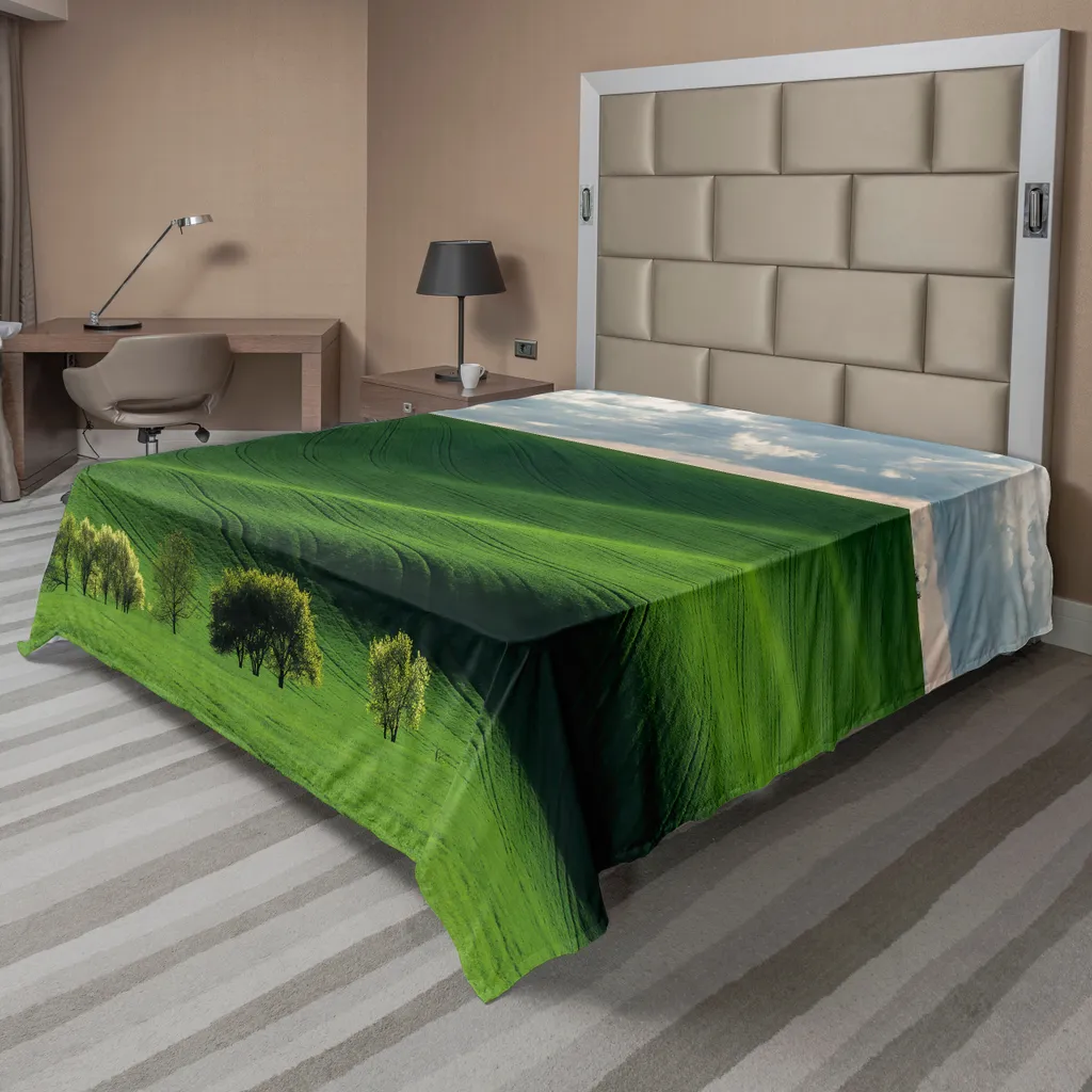 Drap de lit ABAKUHAUS paysage collines soleil couchant vert 275x260 cm