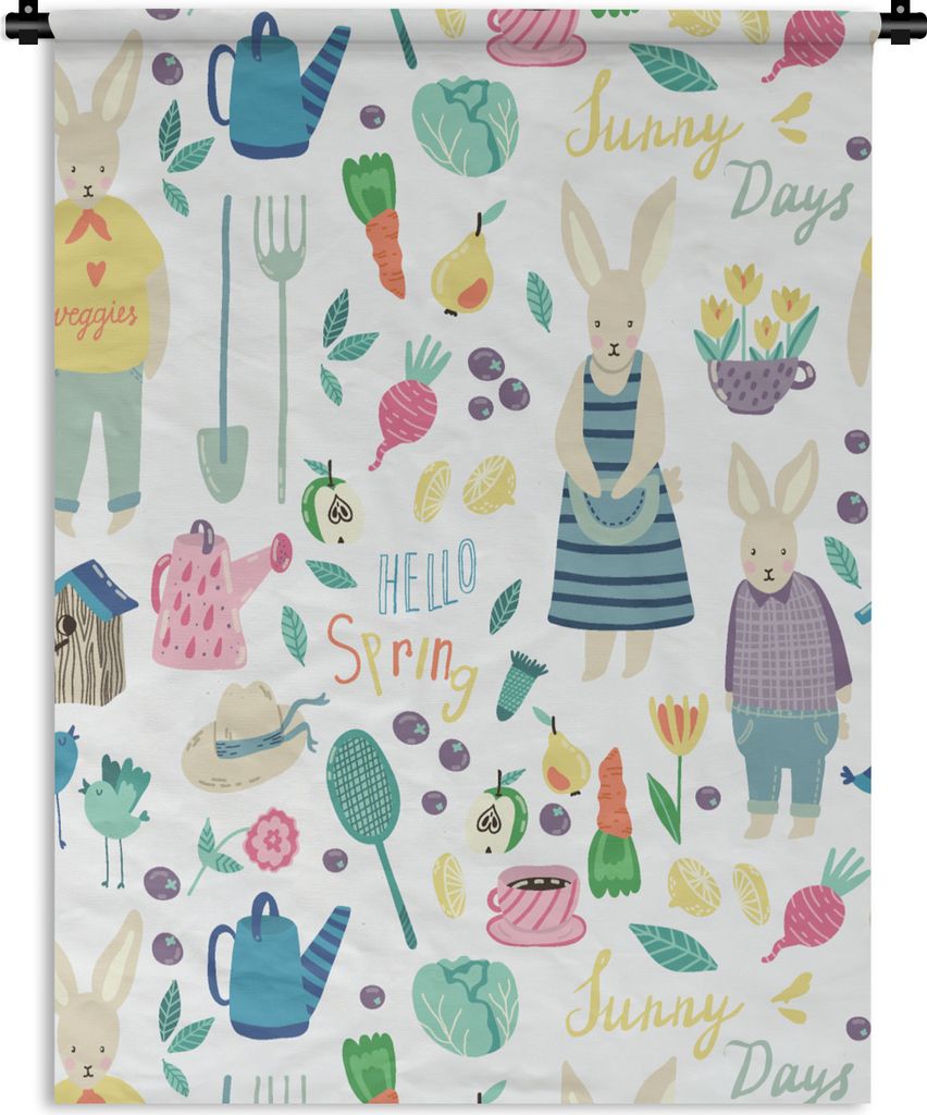 MuchoWow Wandteppich Wandbehang Muster - Kaninchen - Frühling - Garten 90x120 cm Tapisserie Dekoration Wandtuch - Wanddeko