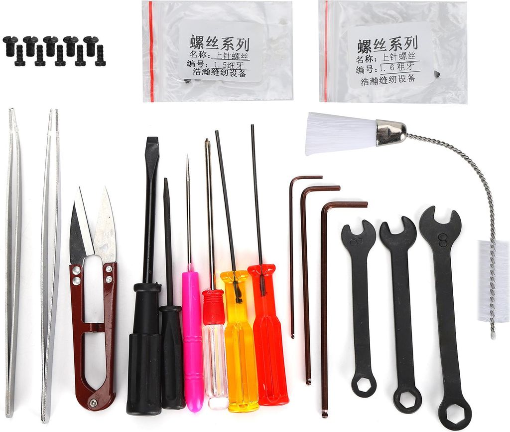 Pinzette (gerade/gebogen), Schraubenschlüssel, Kreuz-/Schlitzschraubendreher, Schraubenbürste, Scheren-Set mit Aufbewahrungsbox für Overlock-Nä...
