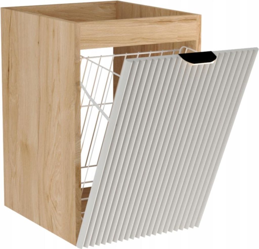 WENA Badezimmerschrank 40 cm, mit Wäschekorb, geriffelte Fronten, Griffe aus Metall in der Farbe Gold Willy (Farbe: Weiß/Walnuss)