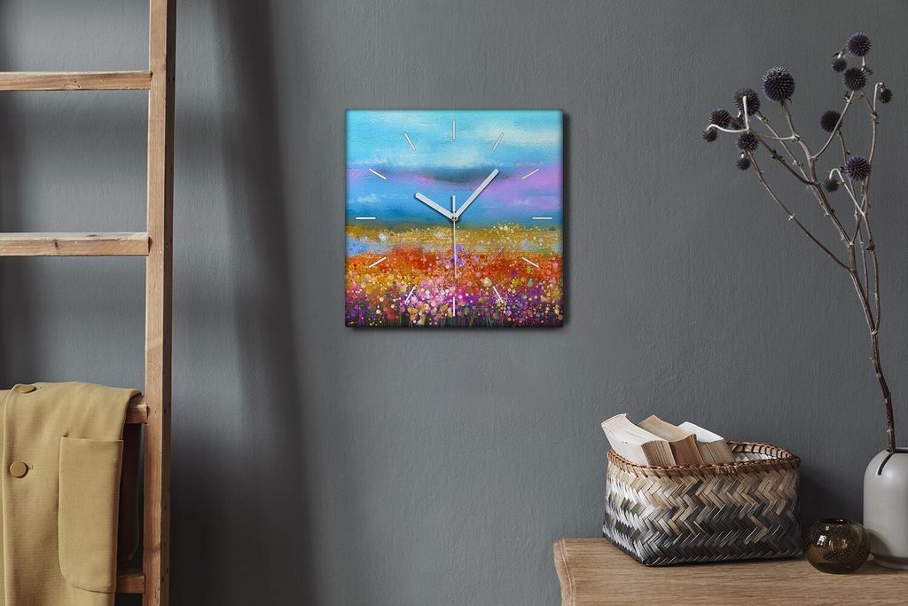 Coloray Hodiny Unikátní 30x30 cm Tiché hodiny Pro obývací pokoj a kuchyň Nástěnné hodiny Plátno Bílé ručičky hodin - Květiny