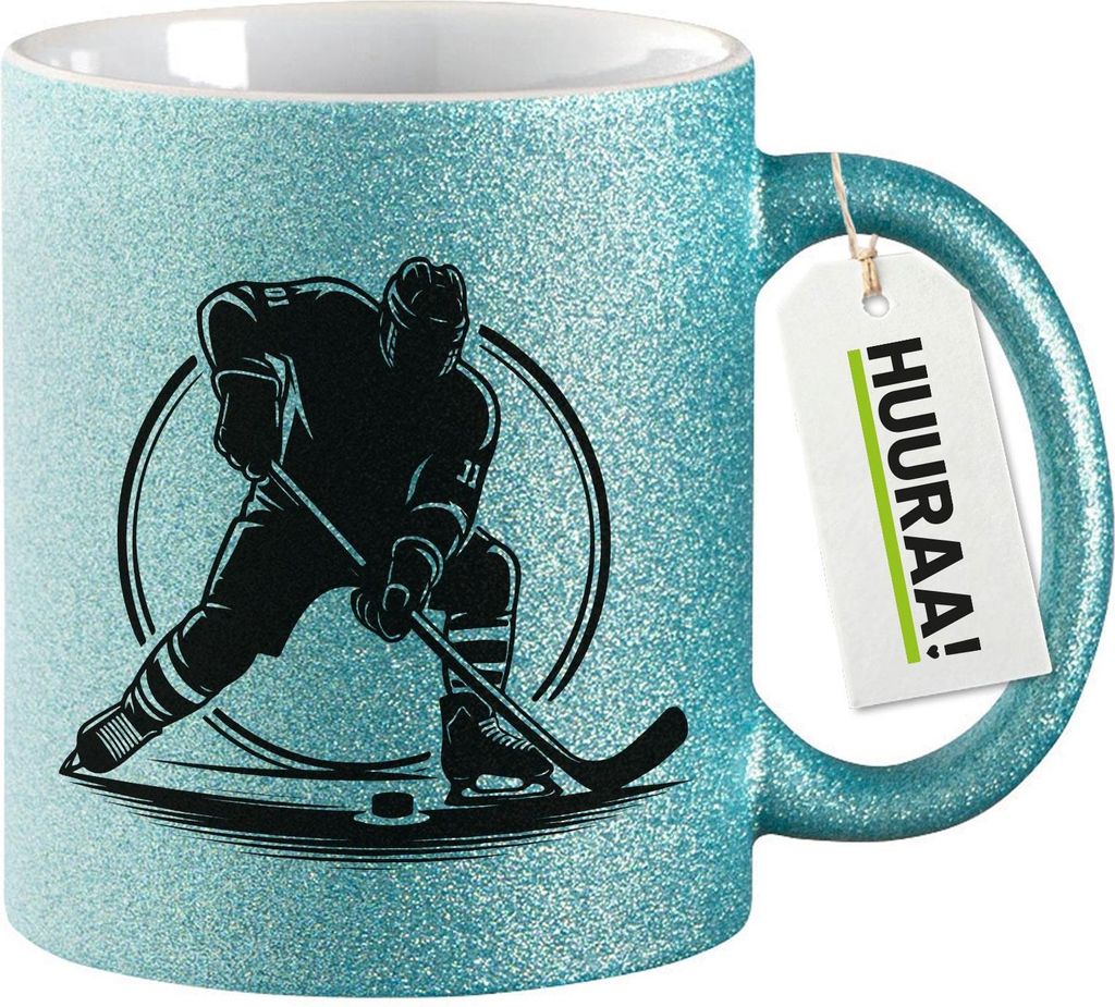 Huuraa Glitzertasse Eishockey Hockey 330ml Blau Keramik Kaffeebecher Geschenkidee