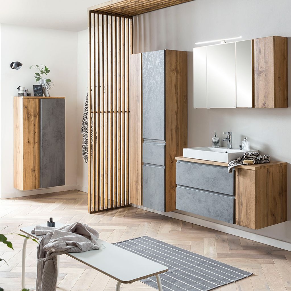 Badezimmer Möbel Set mit Keramik-Aufsatzbecken links und LED Beleuchtung, Wotan Eiche Nb. mit Beton Optik, VASTO-03-CONCRETE