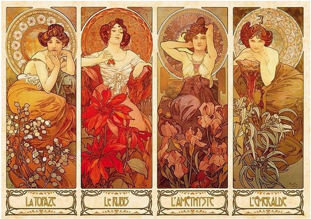 D-Toys Puzzle Alphonse Mucha Kunst 1000 Teile - Edelsteine und Blumen