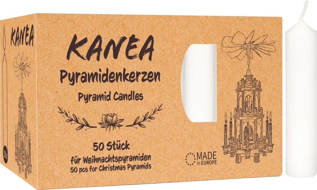KANEA 50er Pack Pyramidenkerzen - Weihnachtskerzen für Pyramiden - Weihnachtspyramiden Baumkerzen aus Wachs - 7 cm groß, 14 mm Ø - Weiß